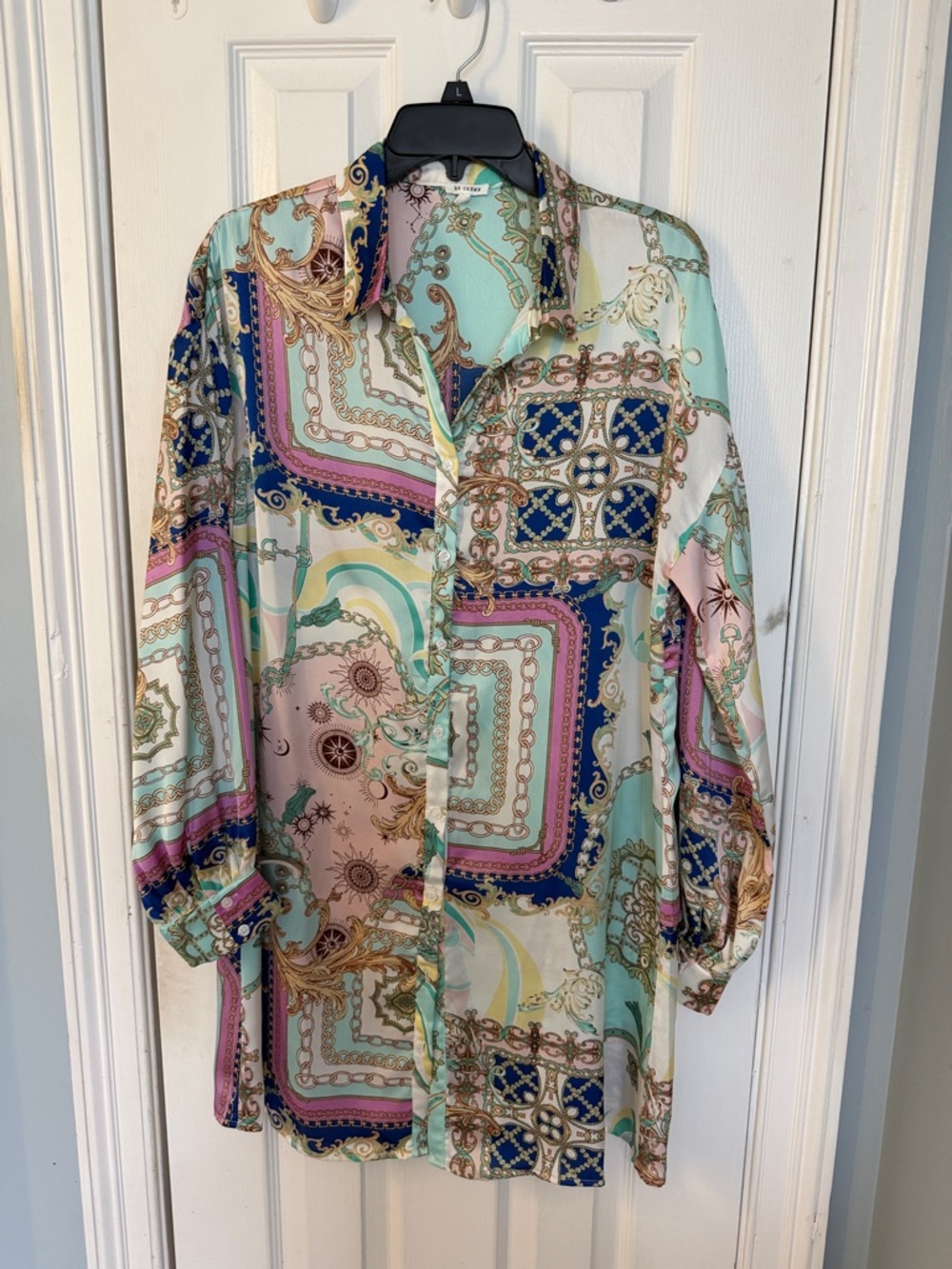 Patterned Silk-Feel Button Up Blouse in Pastel Mix